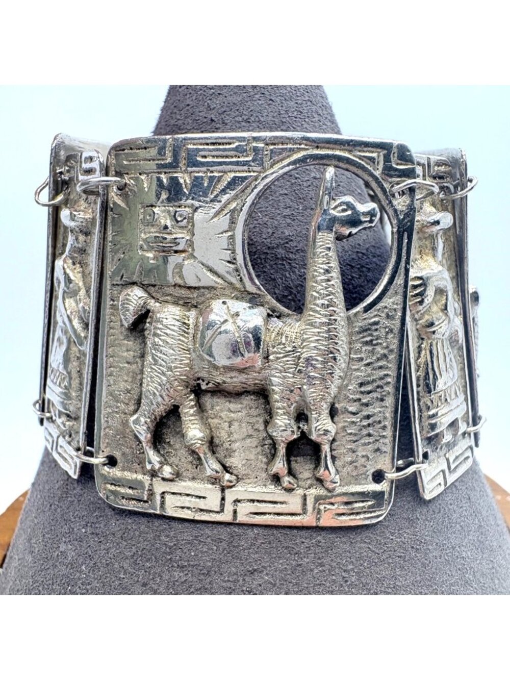 Aztec Llama & Sun Panel Bracelet Sterling Silver 925 Size 6.5" Length